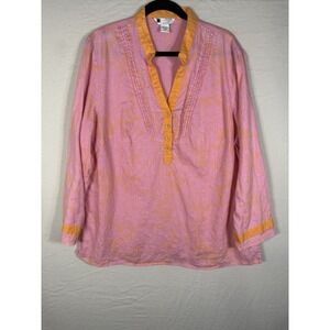 Carole Little 100% Linen Blouse Womens 1X Pink Orange Popover Tunic Boho